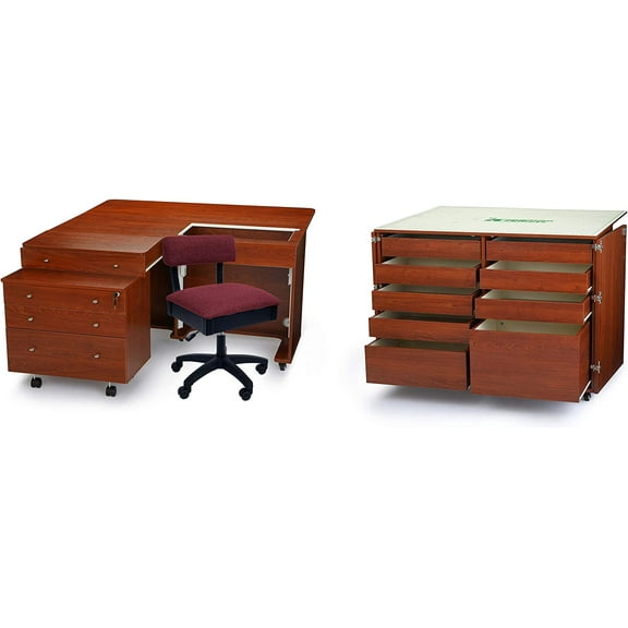 Kangaroo Sewing Furniture Kangaroo and Joey Studio Set, Teak, with H8150 Crown Ruby Hydraulic Chair