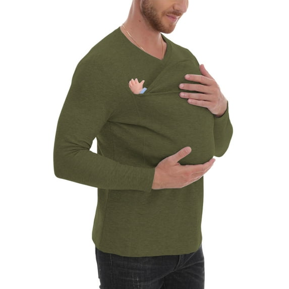 Kangaroo Shirt for Dad Men's T-Shirt Long Sleeve V Neck Tee Shirts Casual Pet Carrier Tops with Kangaroo Pouch