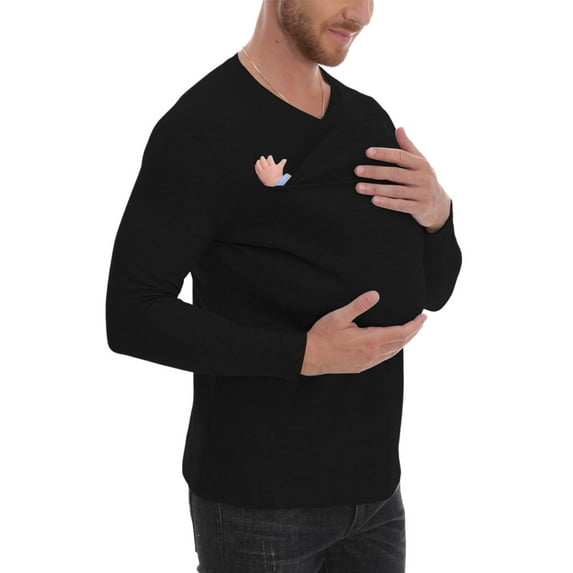 Kangaroo Shirt for Dad Men's T-Shirt Long Sleeve V Neck Tee Shirts Casual Pet Carrier Tops with Kangaroo Pouch