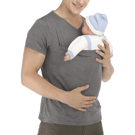 Kangaroo Shirt for Dad and Baby With Pouch - V Neck T-Shirt Baby Carrier Gray S