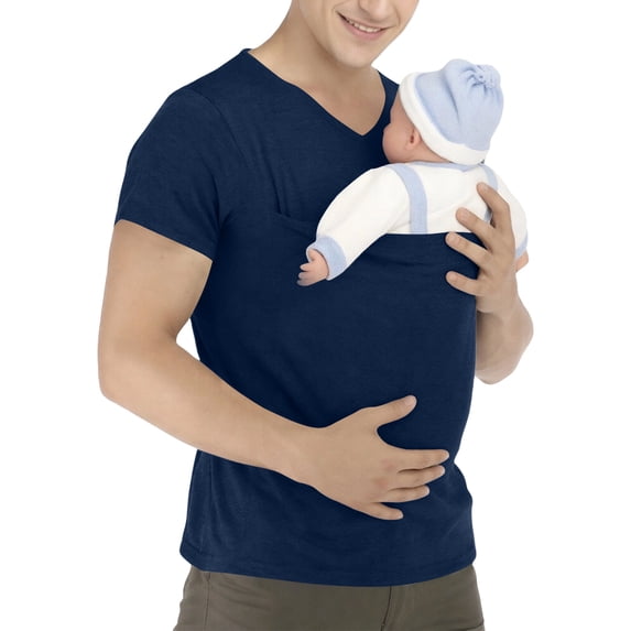 Kangaroo Shirt for Dad and Baby With Pouch - V Neck T-Shirt Baby Carrier Navy XL