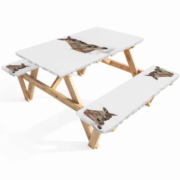 Kangaroo Sitting on The Toilet Thinking Picnic Table Cover with Bench Covers Abstract Funny Animal Waterproof Fitted Picnic Tablecloth 3 Pieces Set Table Cloth for Outdoor Camping Garden BBQ