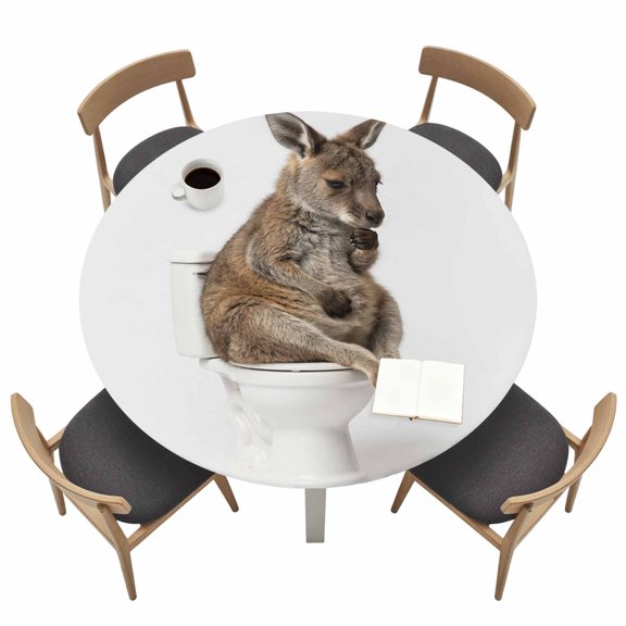 Kangaroo Sitting on The Toilet Thinking Round Fitted Tablecloth with Elastic Edge Abstract Funny Animal Table Cover Fit for 36"-44" Tables Waterproof Tablecloths for Dinner Camping Picnic
