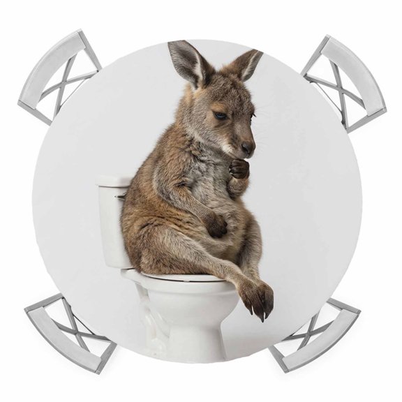 Kangaroo Sitting on The Toilet Thinking Round Table Cover, Abstract Funny Animal Waterproof Fitted Tablecloths for 36"-44" Tables, Washable Picnic Table Cover for Camping Dining Indoor Outdoor