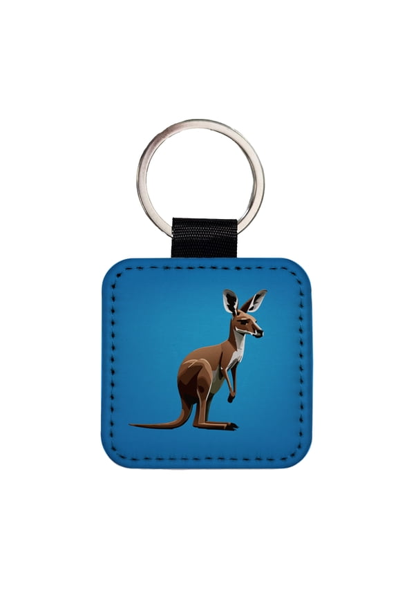 Kangaroo Standing Animal Faux Leather Square Keychain