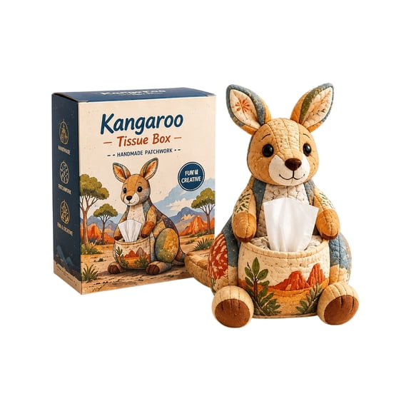 Kangaroo Tissue Box, Patchwork Style Cute Fabric Animal Tissue Holder for Standard Facial Tissues, Decorative Napkin Organiser for Home Living Room Bedroom Desktop