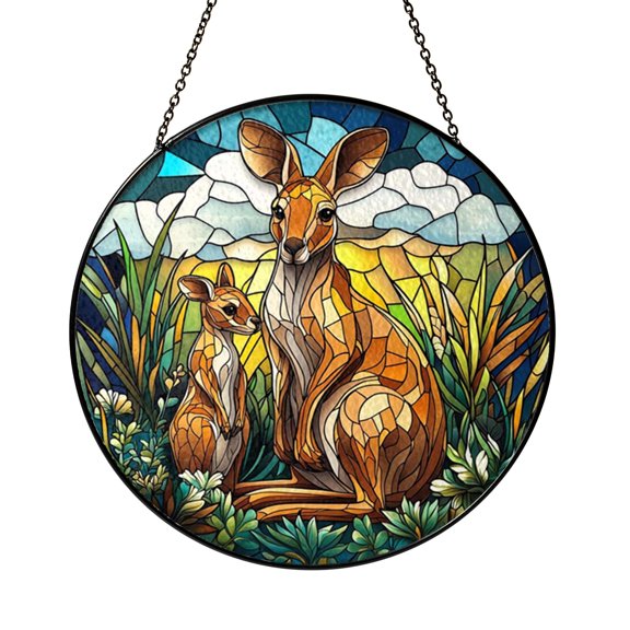 Kangaroo and Baby Joey Window Suncatcher with Stained Glass Look, Heartfelt Wildlife Art Decor for Animal Lover Living Spaces
