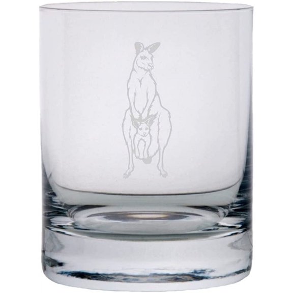 Kangaroo with Joey in Pouch Zoo Animal Themed Etched 10.25oz Crystal Rocks Whisky Glass