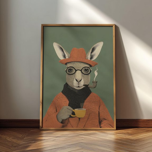 Kangaroo with Pipe Poster Midcentury Print, Poster Only