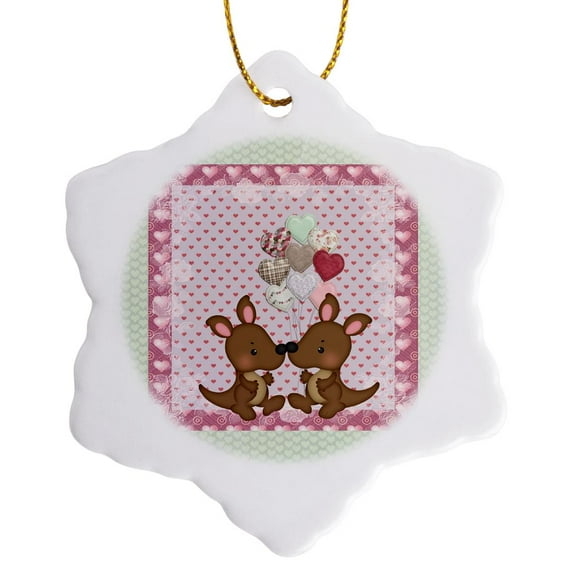3drose, Kangaroos Holding Heart Shaped Balloons, Heart Background, Pink, Green, 3 inch Snowflake Porcelain Ornament