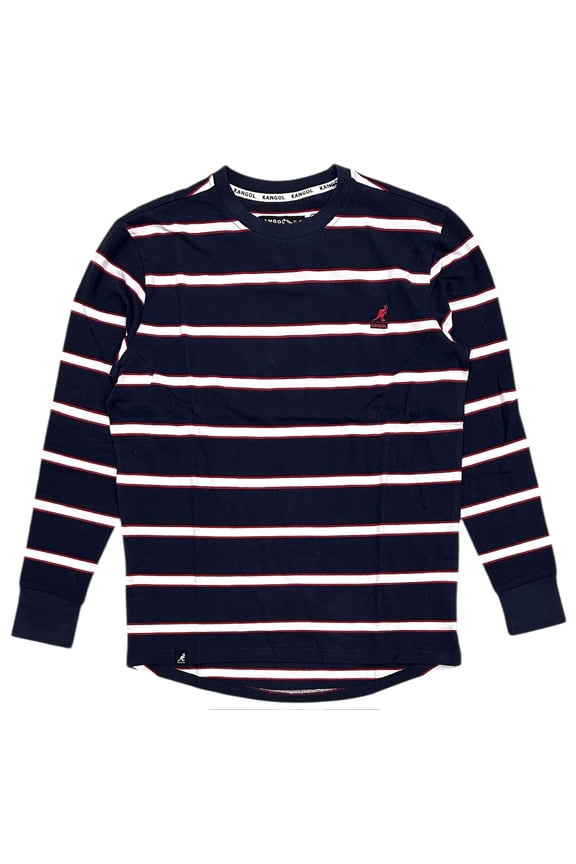 Men's T-Shirt Yarn Dyed Stripe Pique Embroidered Logo Long Sleeve Tee (Large, Navy)