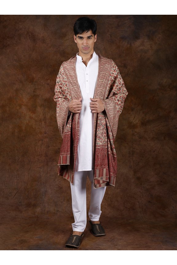 Kani Jamawar Men's Shawl from Amritsar with Woven Multicolor Flowers and Paisleys All-Over – Irish Cream