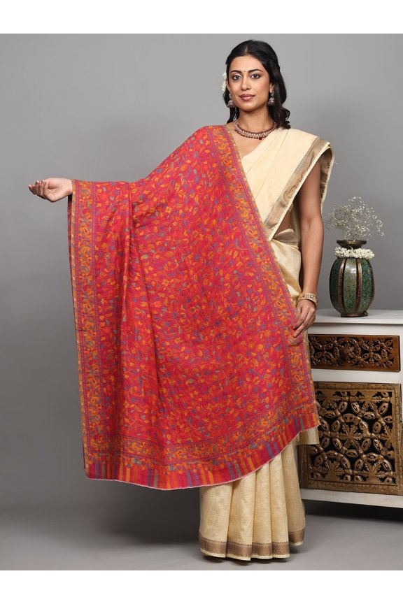 Kani Jamawar Reversible Two Ply Shawl with Woven Floral Leaf Jali pattern and Paisleys – Rapture Rose