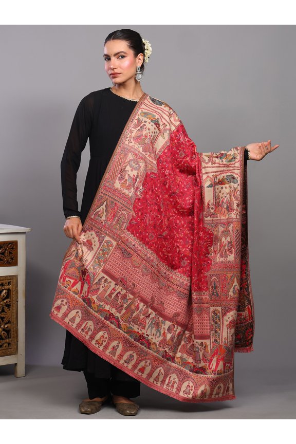 Kani Shawl from Amritsar with Woven Procession of King and Birds on Tree Branch – Pink Flambe