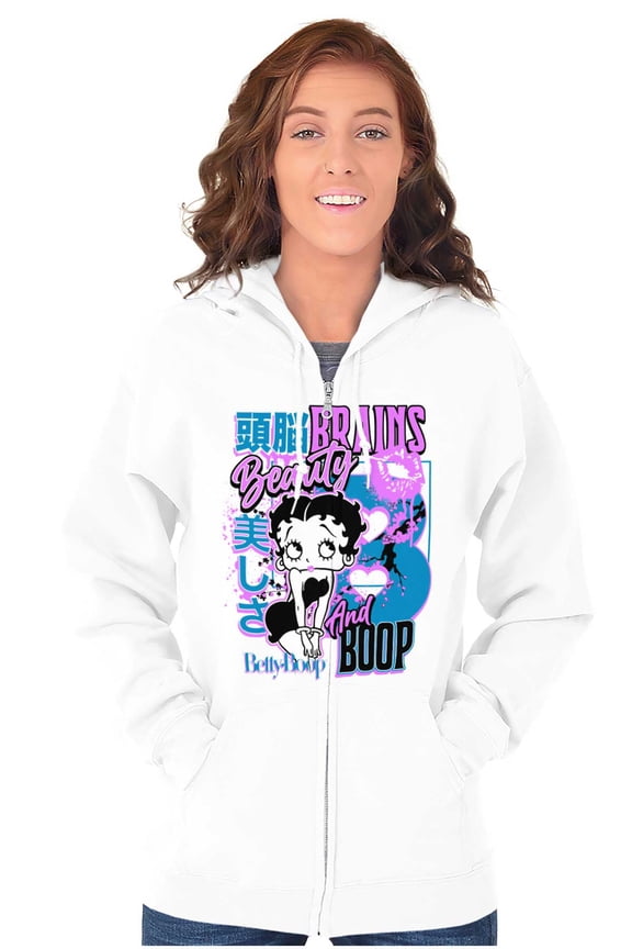 Kanji Betty Boop Beauty and Brains Women Plus Size Zipper Hoodie Brisco Brands 2X
