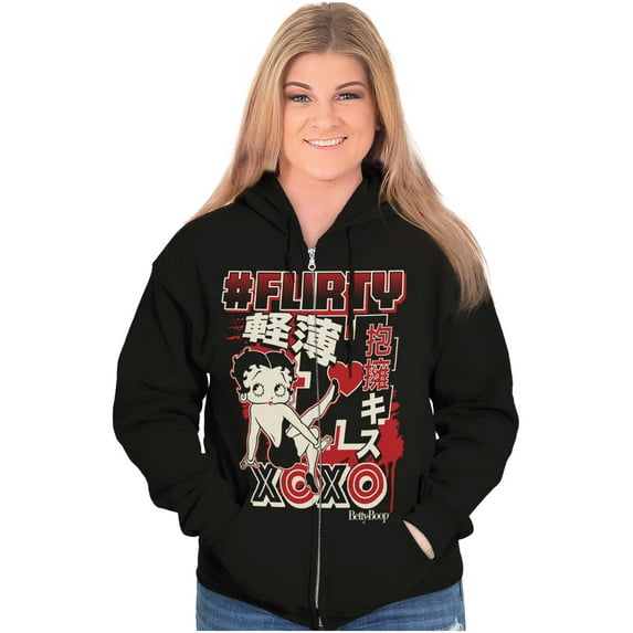 Kanji Betty Boop Hashtag Flirty XOXO Zip Hoodie Sweatshirt Women Brisco Brands X