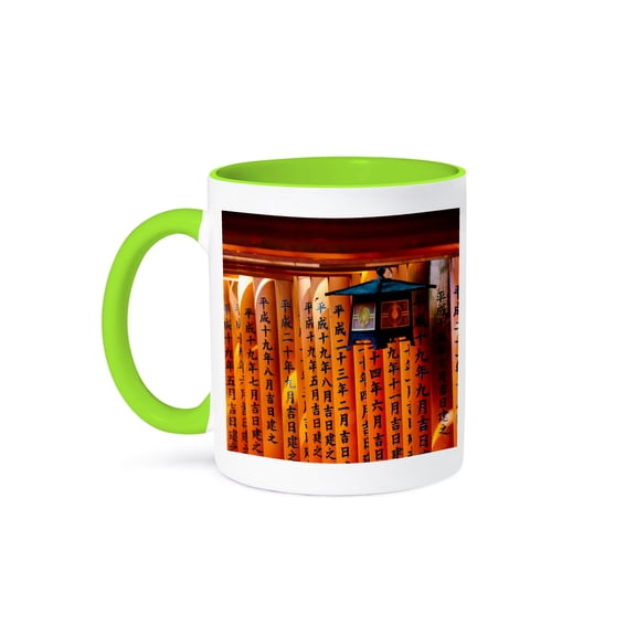 3drose, Kanji on Senbon Torii in Fushimi Inari Shrine, Kyoto, Japan, 11oz Two-tone Green Mug