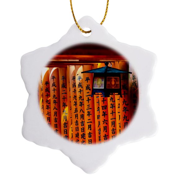 3drose, Kanji on Senbon Torii in Fushimi Inari Shrine, Kyoto, Japan, 3 inch Snowflake Porcelain Ornament
