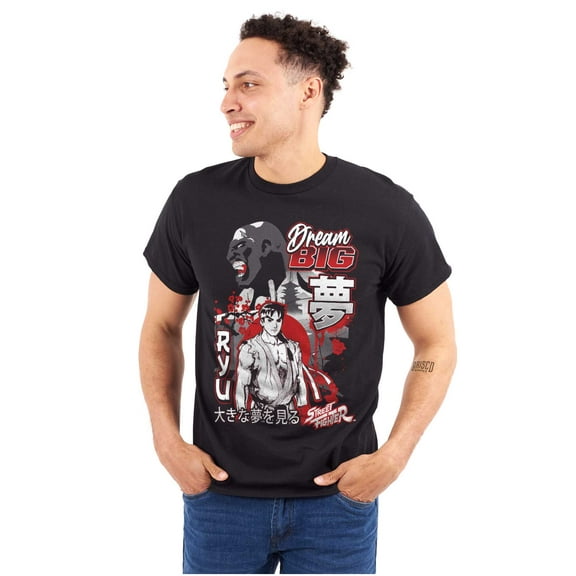 Kanji Street Fighter Dream Big Ryu Men's Big & Tall Crewneck Graphic Tee Brisco Brands 2X