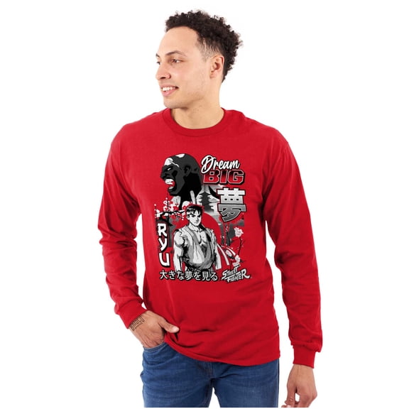 Kanji Street Fighter Dream Big Ryu Men's Big & Tall Long Sleeve Graphic Tee Brisco Brands 3X