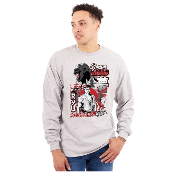 Kanji Street Fighter Dream Big Ryu Men's Big & Tall Long Sleeve Graphic Tee Brisco Brands 3X