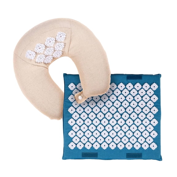 Kanjo Acupressure Travel Set Foot Mat: 1 X 14 X 16 Inch / Neck Pillow: 5 X 12 X 13 Inch Foot Matt: Sapphire / Neck Pillow: Tan 1 Ct