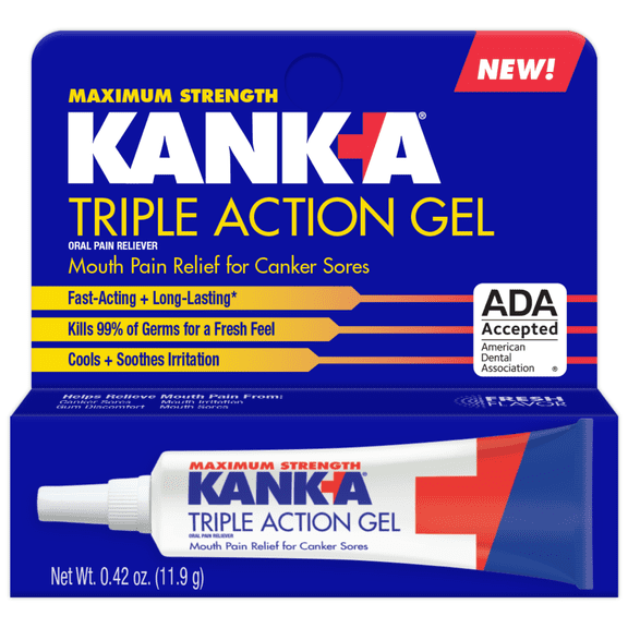 Kank-A Triple Action Gel, Maximum Strength Canker Sore Treatment with Benzocaine Mint Fresh Flavor, 0.42 oz