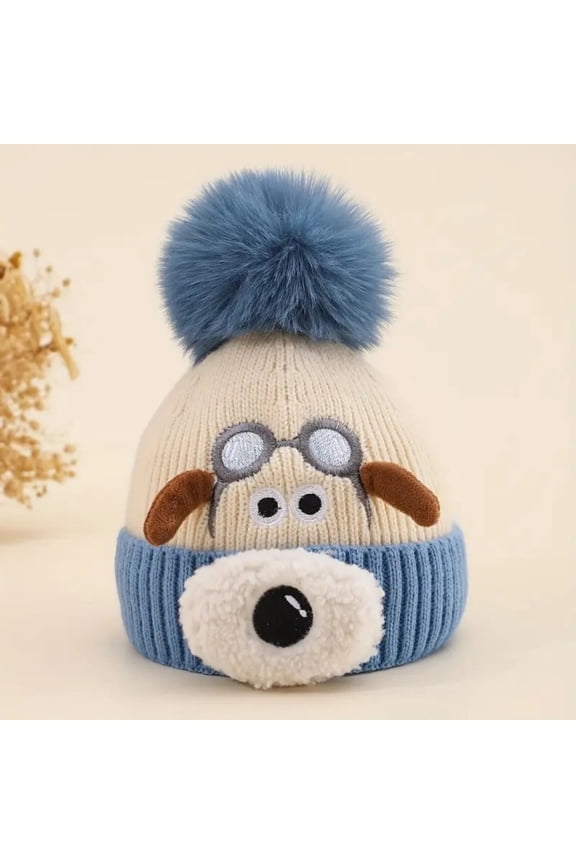 Thick Warm Hat for Winter Cute Dog Knitted Beanie Hat with Fleece Lining and Pom Pom, Soft Winter Cap for Cold Weather