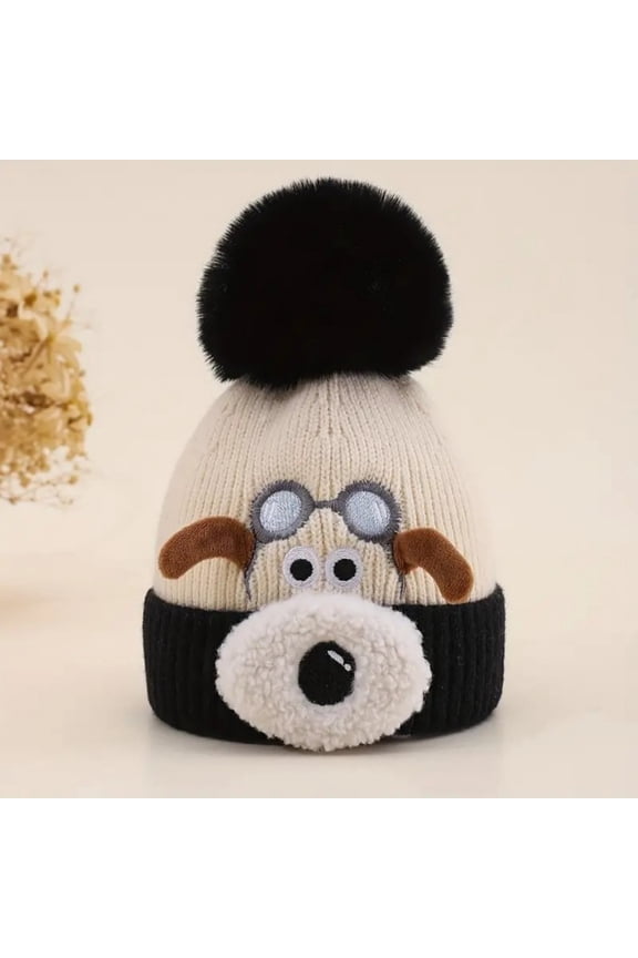 Thick Warm Hat for Winter Cute Dog Knitted Beanie Hat with Fleece Lining and Pom Pom, Soft Winter Cap for Cold Weather