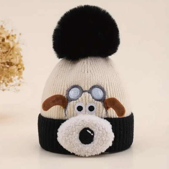 Kannior Thick Warm Hat for Winter Cute Dog Knitted Beanie Hat with Fleece Lining and Pom Pom, Soft Winter Cap for Cold Weather