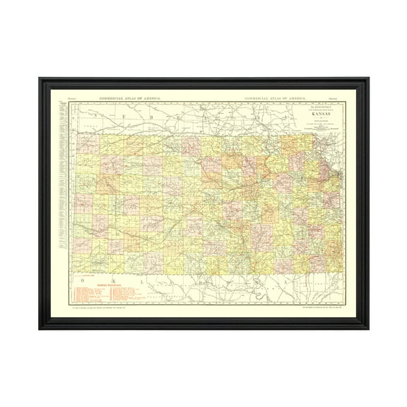 Kansas Art, 1917 Vintage Map of Kansas History Wall Decor Gift, Old Kansas Map - 24" x 18" Black Framed Print