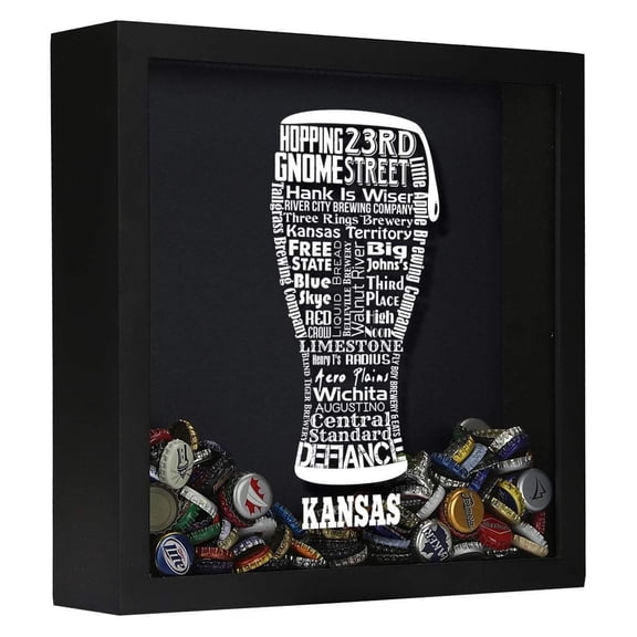 Torched Kansas Beer Cap Shadow Box Wall Mount Decor 13"x13"x3.5" Black