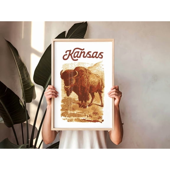 Kansas Bison Retro Wall Art, Unframed Paper Print Size 8x12