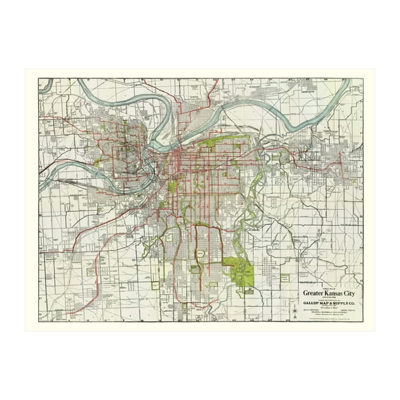 Kansas City Art, 1920 Vintage Map of Kansas City Kansas, KS History Wall Decor Gift, Old Kansas City Map - 24" x 18" Unframed Print