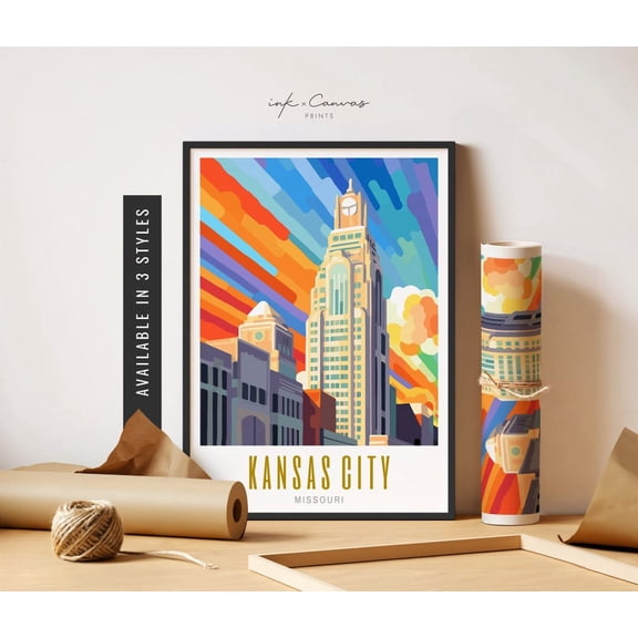 Kansas City Art Poster Downtown Kansas City Skyline Poster Kansas City Missouri Travel Poster Travel Art UNFRAMED Poster, Wall Art for Decor, Present, 12x18