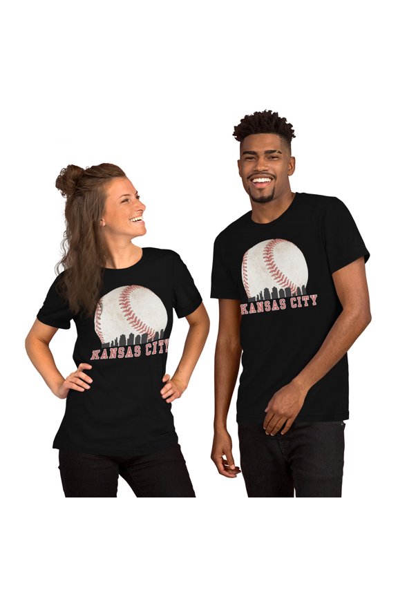 Kansas City Baseball Skyline Graphic T-Shirt, Vintage Sports Tee (Black, M)