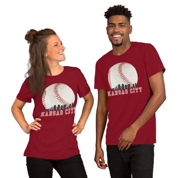 Kansas City Baseball Skyline Graphic T-Shirt, Vintage Sports Tee (Cardinal, L)