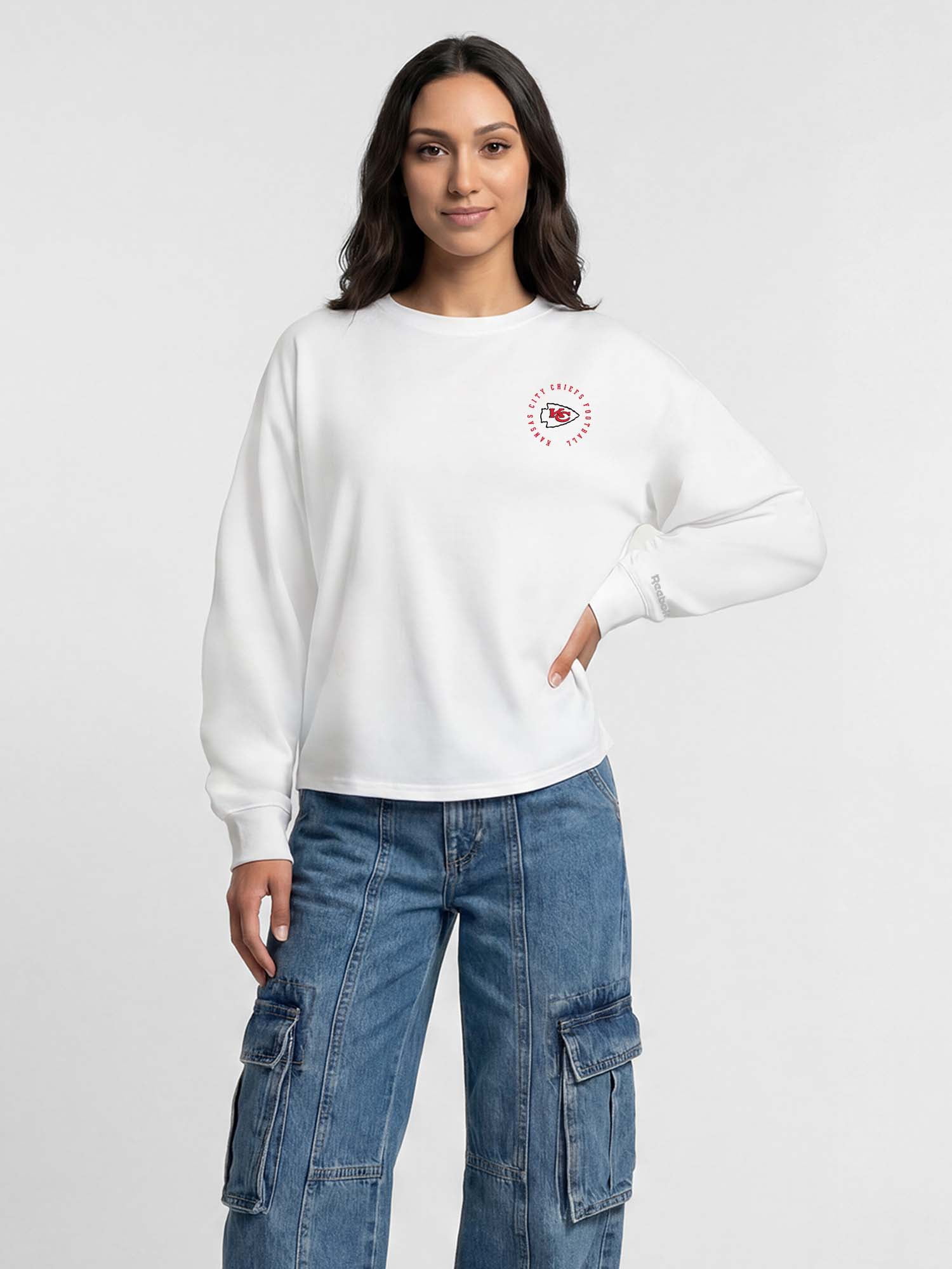 Kansas City Chiefs Reebok Womens White Heavyweight Cotton Long Sleeve Pullover