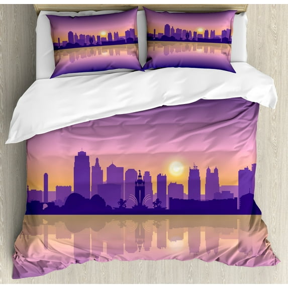 Kansas City Duvet Cover Set Queen Size, Downtown Missouri Cityscape of Historical Art Deco Buildings and Reflection, Decorative 3 Piece Bedding Set with 2 Pillow Shams, Multicolor, by Ambesonne