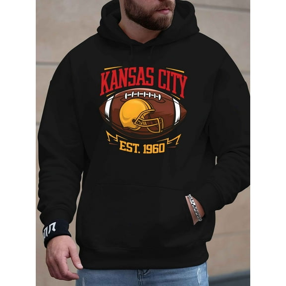 Kansas City EST 1960 Men's Hoodie - Cozy Fleece Sweatshirt with Helmet & Laces Print, Gray, Long Sleeve, Casual Winter Wear for KC Fans, Cold Weather Clothing