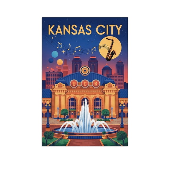 Kansas City Fountains Classic Poster Retro Cityscape with Musical Heritage & Landmarks Print Poster