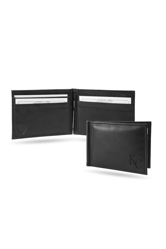 Kansas City KC Baseball Royals RFID Blocking Shield Black Leather Moneyclip Wallet