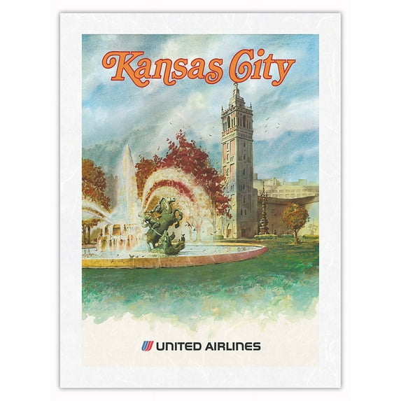 Kansas City Missouri - The City of Fountains - United Airlines - Vintage Travel Poster c.1970s - Japanese Unryu Rice Paper Art Print (Unframed) 12 x 16 in