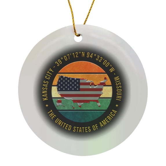 3drose, Kansas City, Missouri, Geographic Coordinates, Usa Map, Flag, Text, Circle Porcelain Ornament