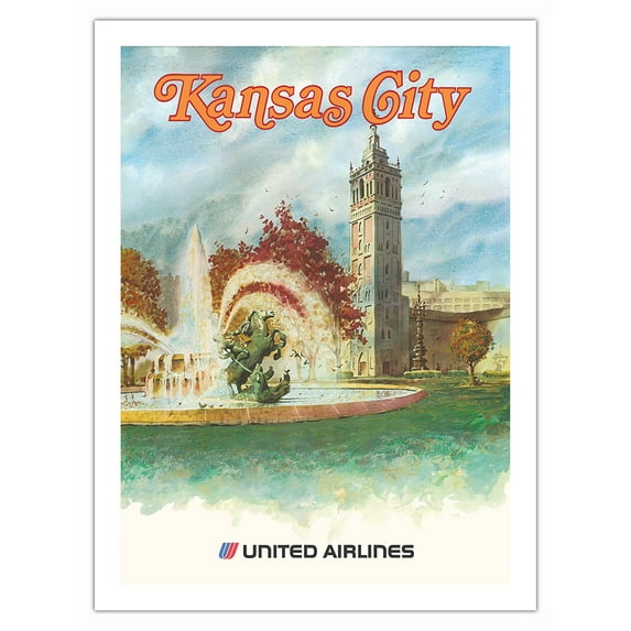 Kansas City Missouri - The City of Fountains - United Airlines - Vintage Travel Poster c.1970s - Fine Art Matte Paper Print (Unframed) 24x32in