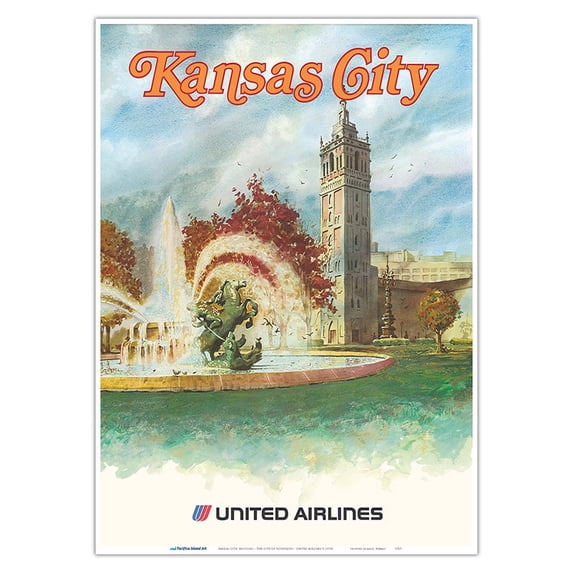 Kansas City Missouri - The City of Fountains - United Airlines - Vintage Travel Poster c.1970s - Master Art Print 10in x 14in