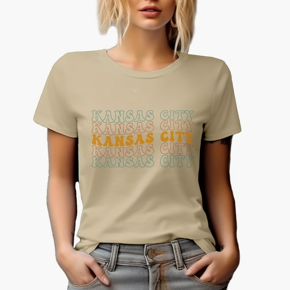 Kansas City, Missouri USA Cities, Groovy Retro Wavy Text Merch Gift, Tan T-Shirt, Medium