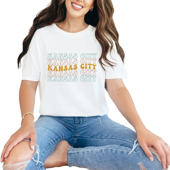 Kansas City, Missouri USA Cities, Groovy Retro Wavy Text, White Comfort Colors T-Shirt, XL