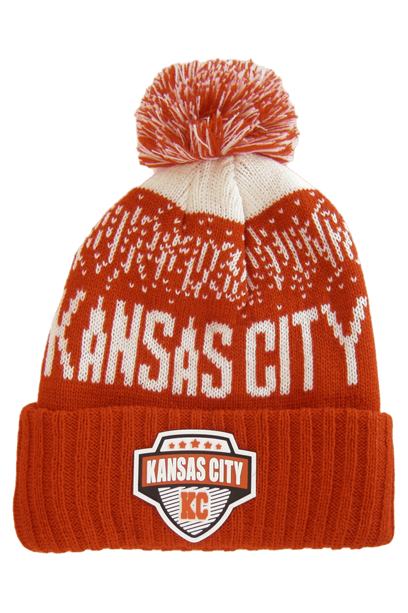 Kansas City Rubber Patch Ribbed Winter Knit Pom Beanie (White/Red)