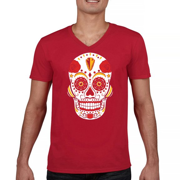 Kansas City Sugar Skull Men's V-Neck T-shirt KC Die-Hard Football Fan Tailgating